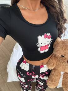 2pcs Print Women Short Sleeve Top + Elastic Waist Pants Pajama Set, Two Pieces Set - View 6