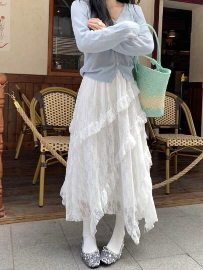 Vintage Patchwork Asymmetrical Ruffle Lace A-Line Skirt, High Waist Slimming Solid Color Versatile Skirt For Women, Spring/Summer 2026