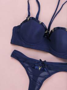 Beautiful Bra And Thong Set With Details In Mesh Fabric With Metal Appliqués, Sexy Lingerie, Various Colors, Comfortable And Of The Best Quality, Soft And Comfortable, To Show Off That Incredible Body. - 藍色 - 查看 3