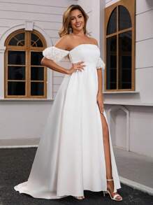 Damen Satin Off-Shoulder Hochzeitskleid mit abnehmbaren Spitzen-Kurzärmeln, bodenlang, Brautkleid