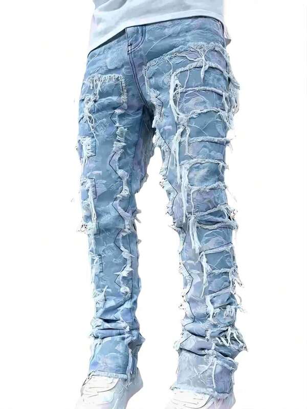 Plus Size Men's Fashion Jacquard Fringed Denim Jeans