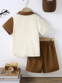 Toddler Boys'' Minimalist Solid Color Patchwork Waffle Texture Short Sleeve Shirt + Casual Waffle Texture Solid Color Shorts, Spring/Summer