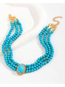 1 pieza Collar corto de gargantilla elegante de estilo francés con múltiples capas de cuentas de turquesa para mujer, fiesta, vacaciones, versátil