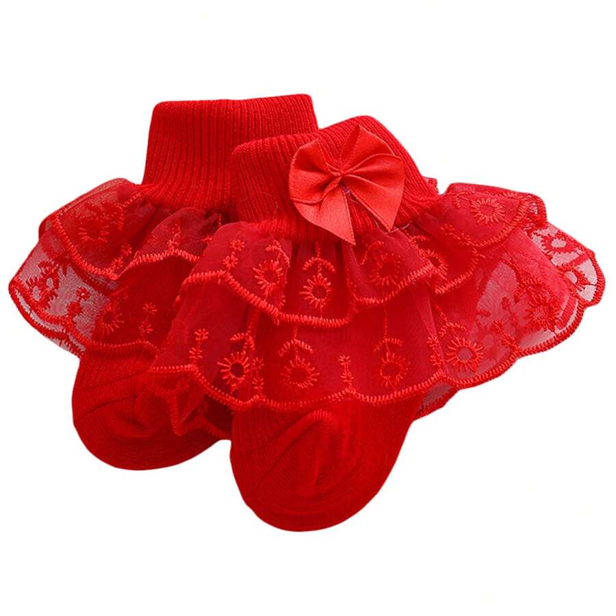 Baby Girls Ruffle Lace Socks, Super Soft Infant Ankle Socks Princess Dress Socks With Bow - Red - View 1