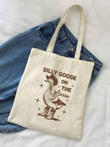 Fashionable And Simple Style Letters, Animals, Fishing, Bows, Ducks, Dinosaurs, Dogs And Other Elements Printed Canvas Bags, Shopping Handbags - Multicolor - View 12