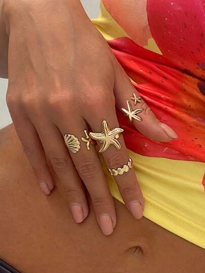 4 件复古波西米亚风海洋元素金属海星和贝壳戒指，厚金色可调节开口戒指首饰套装，适合女士，适合日常约会、海滩度假、派对装饰、节日礼物