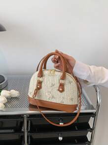 复古贝壳草编手提包，优雅网眼女士单肩包，主要材质 PU，配件草编和网眼
