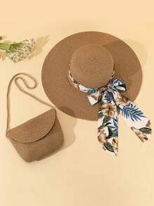 Set de 2 piezas - Sombrero de sol con lazo de cinta y estampado floral y bolso de hombro de paja, adecuado para vacaciones, color caqui