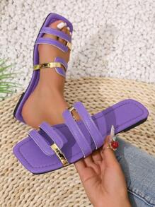 Women's Summer New Slip-On Square Toe Flat Anti-Slip Wear-Resistant Gold Stripe Hollow Open Toe Purple Slippers, Match With Dresses, Leggings, Casual Pants, Shorts, Mini Skirts, Slip-On Sandals For Women, Spring, Summer, Autumn, Valentine's Day, Mother's Day, Holiday Party, Fashion Casual, Elegant, Minimalist, Romantic, Cute, Vacation, Travel, Daily Match, Beach Shoes, Women's Fashion Flat Purple Sandals