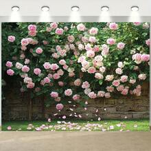 1 Fundo de jardim de primavera exuberante com rosas cor-de-rosa - fibra de poliéster, perfeito para atividades ao ar livre, acampamento, pesca, piquenique, decoração de festa e adereços para cabine de fotos, decoração de pátio externo