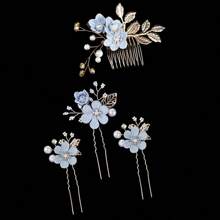 4pcs/Set Women's Hair Accessory, Gold-Tone Alloy Leaf Hairpin And Fabric Flower Comb Set, White Pearl & Rhinestone Hair Clip, Bride Wedding Hair Ornament Elegant Boho - Pink - View 2