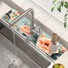 1pc Blooming Flower Pattern Faucet Mat Drain Mat, Polyester Material, Suitable For Occasions Such As Kitchen And Bathroom, Diatom Mud Faucet Suction Cup, Faucet Splash Mat, Daily And Summer Decoration, Can Be Given As A Gift