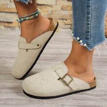 Lightweight Comfortable Non-Slip Casual Slip-On Sandals With Elegant Printed Upper Design, Suitable For Outdoor All Seasons, Round Toe Flat Slippers For Women