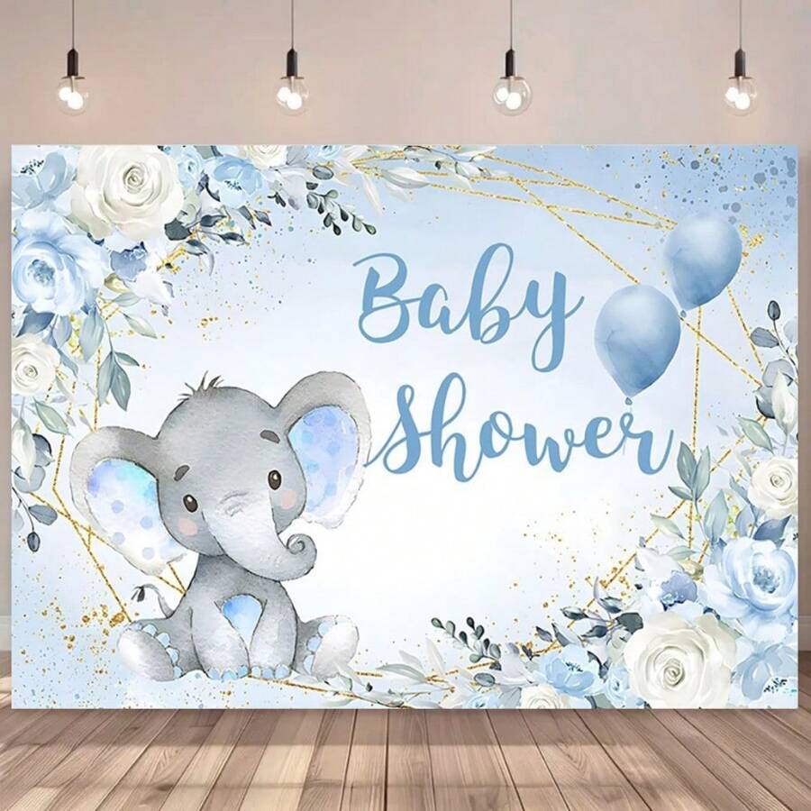 1pc 5ft X 3ft / 5ft X 7ft Elephant Theme Floral Design Shower Backdrop, Vinyl Backdrop For Party Decoration, Cake Table, Portrait Photography Background - Multicolor - View 1