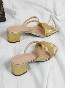 女士时尚闪光装饰带高跟凉鞋，闪亮粗跟鞋，适合派对礼服和舞蹈，夏季 - 金色 - 查看 6