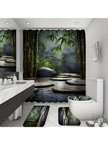 1 件/4 件带挂钩的竹子和石头图案浴帘 - 防水可洗涤纶面料，适合所有季节和节假日 - 浴室装饰