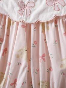 1pc Baby Girls' Bow Embroidered Collar Bodysuit With Floral Print, Loose Fit Luxury Short Sleeve Bodysuit For Summer Outings And Vacation - Pink - View 6