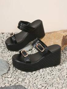 女士时尚系带镂空优雅厚底一脚蹬凉鞋，百搭适合夏季度假、日常、聚会、购物，舒适坡跟鞋 - 黑色 - 查看 9