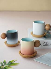 迷你渐变色陶瓷茶杯配木柄和杯垫套装，手工创意茶杯，北欧风格办公室咖啡杯礼盒 - 杯碟套裝 - 查看 9
