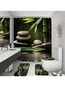 1 件/4 件带挂钩的竹子和石头图案浴帘 - 防水可洗涤纶面料，适合所有季节和节假日 - 浴室装饰