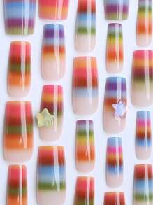 Elevate Your Style With 24 Pcs Long Square Press On Nails Gift Box Summer Dopamine Color Neon Gradient Vitality Aurora Color Pentagon-Heart Girl Gift, Banquet Holiday Fake Nails With Jelly Glue 1 Piece File Strip 1