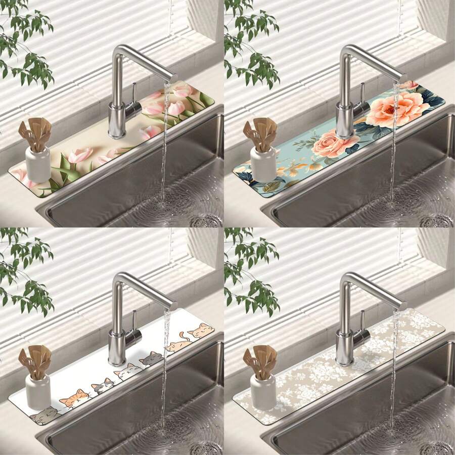 1pc Blooming Flower Pattern Faucet Mat Drain Mat, Polyester Material, Suitable For Occasions Such As Kitchen And Bathroom, Diatom Mud Faucet Suction Cup, Faucet Splash Mat, Daily And Summer Decoration, Can Be Given As A Gift