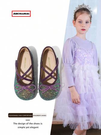 أحذية بناتية مسطحة من الجلد اللامع مزينة بفيونكة وكريستال، أحذية أميرة لامعة، ربيع 2025