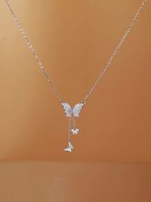 1pc Butterfly Zirconia Necklace, Minimalist & Versatile - Silver - View 9