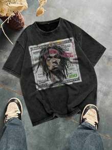 Camiseta de manga corta con cuello redondo y lavado vintage informal para hombre