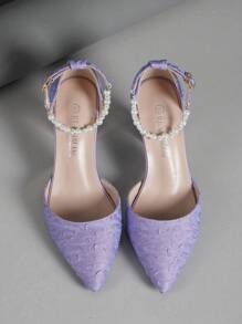 Ladies Hollow Chunky Heel Pointed Toe Buckle Strap High Heel Pumps - Violet Purple - View 5