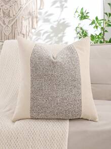 Miater 1pc Striped Velvet Patchwork Decorative Pillow Cover, Faux Linen Style - Grey - View 18