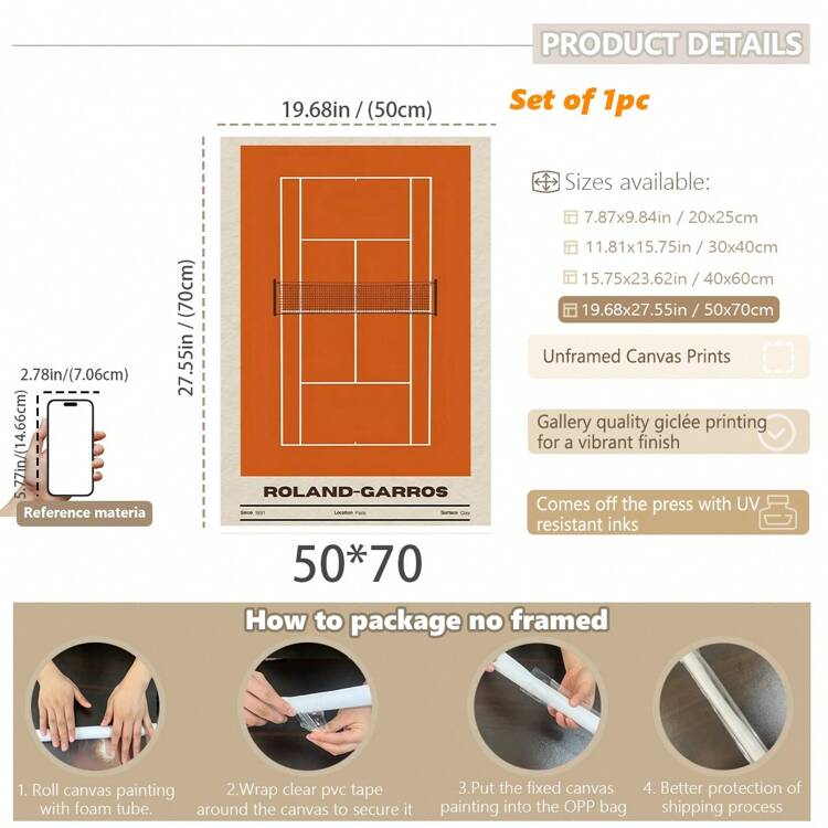 1 pieza, Imagen colgante de lienzo, Enmarcada, Póster, Arte de pared, Impresión artística en lienzo de la cancha de tenis de Roland-Garros - Arte decorativo moderno clásico para colgar en pared en el hogar, oficina, sala de estar, dormitorio, resistente al agua, tema de dibujos animados, primavera-verano - Multicolor - Añade 15
