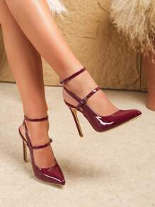 时尚性感尖头细高跟休闲百搭裸色踝带酒红色女士高跟鞋