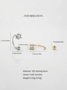 1件925纯银鼻环/鼻钉/唇环/耳夹/耳软骨环 - 單鑽+珠U型 - 查看 6