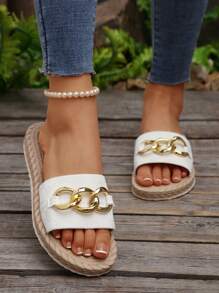 Sandalias de verano para mujer con suela de cuerda, cadena con hebilla de metal, estilo de vacaciones, cómodas con suela gruesa, estampado de playa, esencial para vacaciones - Blanco - Ver 4