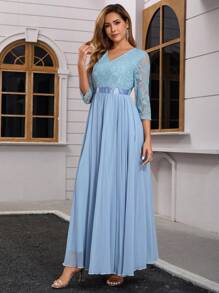 女士伴娘礼服雪纺九分袖蕾丝优雅超长晚礼服 - 霧霾藍 - 查看 5