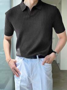 男士短袖针织 Polo 衫翻领竖条纹设计舒适柔软面料休闲日常穿着夏季时尚男装百搭时尚 Polo 衫 - 深灰色 - 查看 3