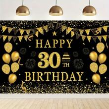 优雅的黑色和金色 30 岁生日派对背景 - 乙烯基带闪光气球、波尔卡圆点和“生日快乐”设计，适合男士和女士 - 非常适合里程碑式庆祝活动