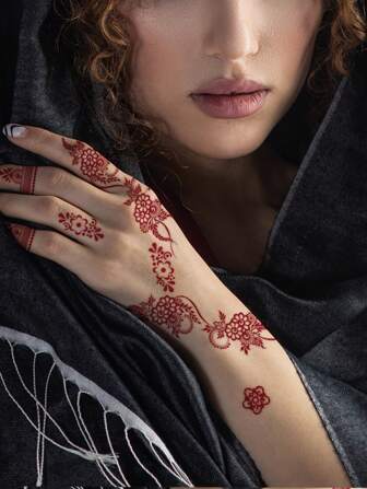 12 件带蕾丝的红手纹身贴纸，神秘性感曼陀罗花人体艺术设计，防水临时指甲贴适合女性和女孩，DIY 身体、面部、手臂、腿部、脚（棕色）