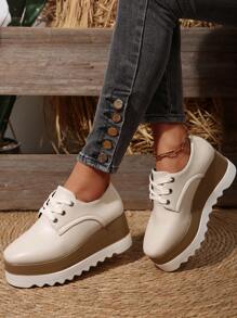 Giày thể thao đế dày, mũi vuông, buộc dây, màu trơn, đế xuồng, đế xuồng, giày thường ngày cho nữ mùa thu/đông - Màu be - Xem 2