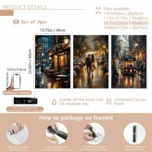 3pcs/Set Unframe Cafe After The Rain, A Couple Walking In The Rain, Old Tram On The Streets Of London At Night Black And White Canvas Print Artwork, Can Be Decorated In The Living Room, Bedroom, Office, Posters, Wall Art, Room Decoration Stuff,Modern, Travel,Botanical Gifts Birthday Graduation