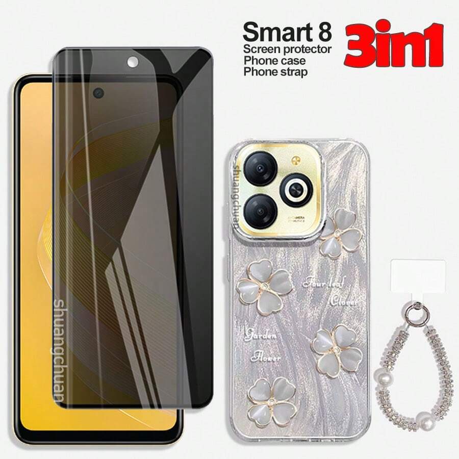 Set 3 en 1: Protector de pantalla de vidrio templado anti-espía de pantalla completa para Infinix Smart 8; Funda de teléfono con pintura líquida con purpurina para Infinix Smart 9; Correa de muñeca con cristales para Infinix, Mi 14T, Itel A70, Infinix Smart 7, Y04, Y29S - 3en1 - Ver 1