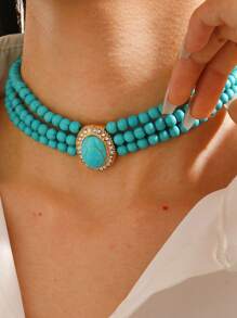 1 pieza Collar corto de gargantilla elegante de estilo francés con múltiples capas de cuentas de turquesa para mujer, fiesta, vacaciones, versátil