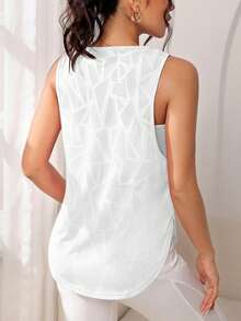 ملابس علوية رياضية نسائية بياقة طاقم، نمط هندسي جاكار، قطعة ملابس كاجوال للياقة البدنية، ملابس علوية اليوغا ذات حافة مقوسة مثقبة، ملابس تمرين تنفس للنساء باللون الأبيض - أبيض - مشاهدة 3