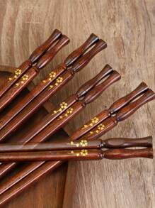 Natural Wooden Flower Pattern Chopsticks, Anti-Mold, Anti-Slip, Easy To Clean Wooden Crafted Chopsticks For Home Use,School Supplies