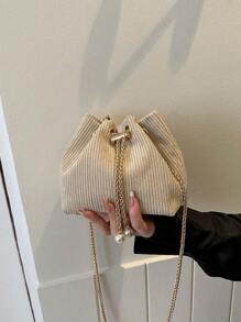 Personalized Casual Drawstring Shoulder Cross-Body Bucket Bag For Women, Retro Style - Beige - View 3