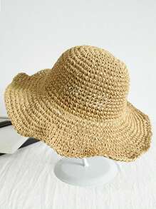 1pc Versatile Foldable Straw Hat, Women Summer Outdoor Sun Protection Hat, Korean Style Vacation Beach Hat, Fashionable - Khaki - View 5