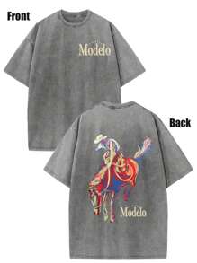 Western Cowboy Riding Printed Batik Washed T-Shirt, Simple And Versatile. - 灰色 - 查看 1
