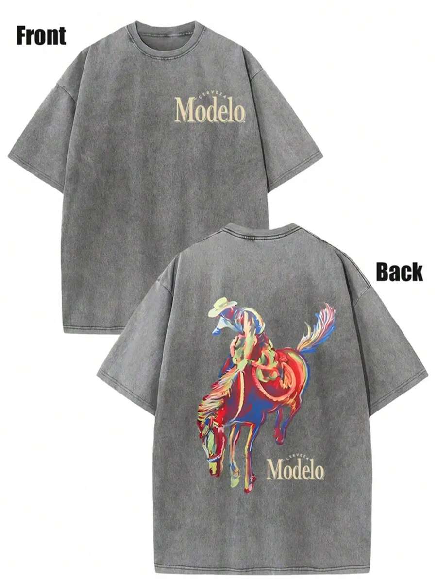 Western Cowboy Riding Printed Batik Washed T-Shirt, Simple And Versatile. - 灰色 - 查看 1
