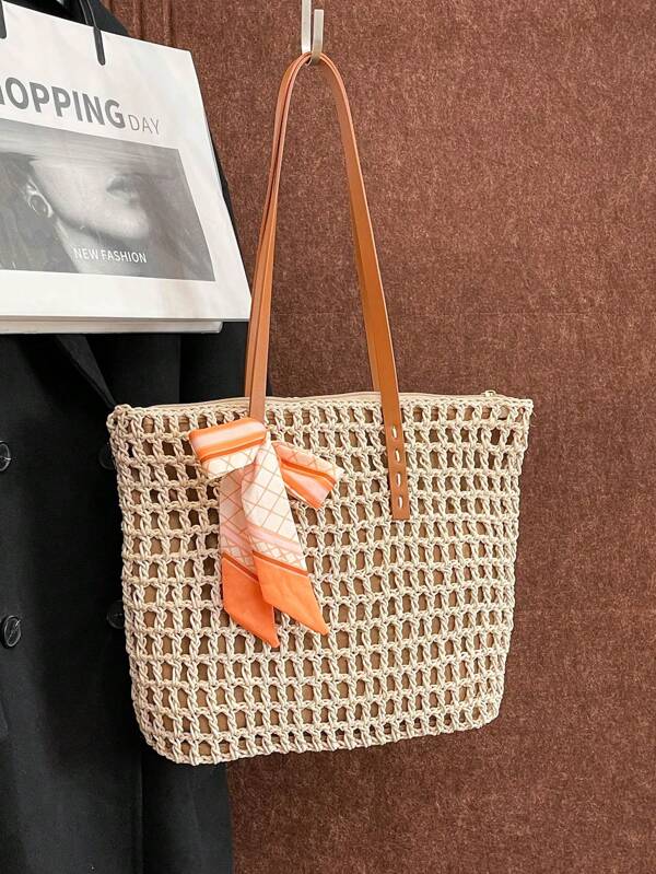 Large Capacity Mesh Woven Anti-Theft Crochet Tote Bag, Hollow Out Shoulder Shopping Bag